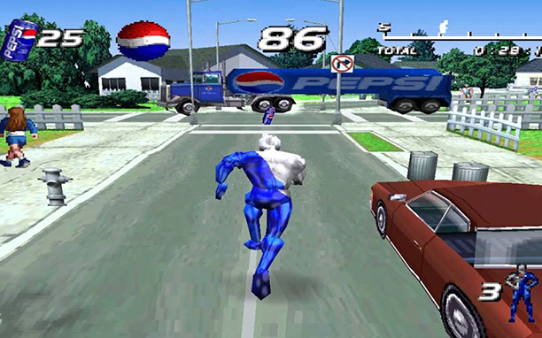 Imagem do jogo Pepsiman. O personagem está correndo e na frente um caminhão grande da Pepsi.